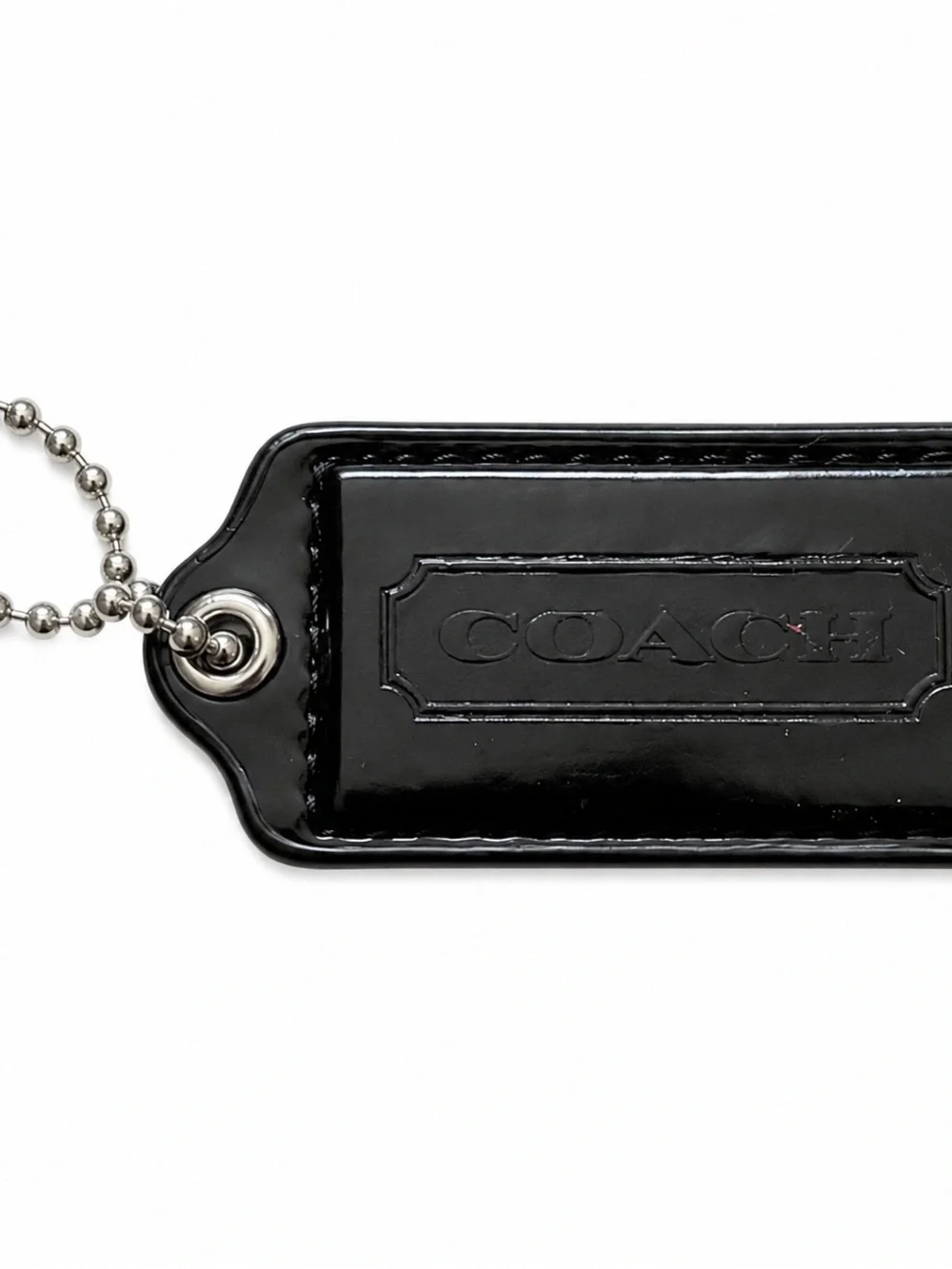 COACH Black Patent Leather Logo Tag Key Holder with Ball Chain